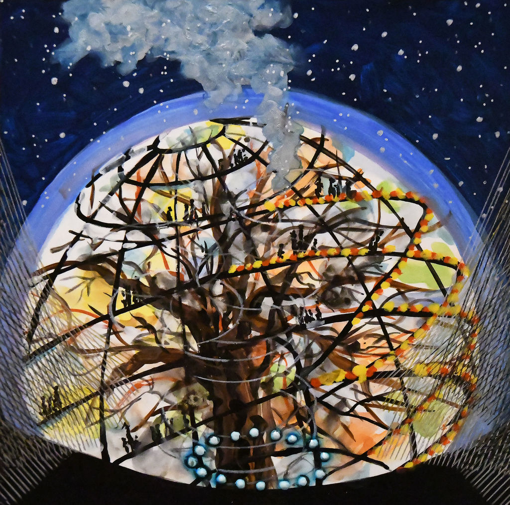 Michiko Itatani, Tree House Encounter from Cosmic Theater 16-K-15, 2016, Gouache, Ink, on Board, 8x8 copy 2